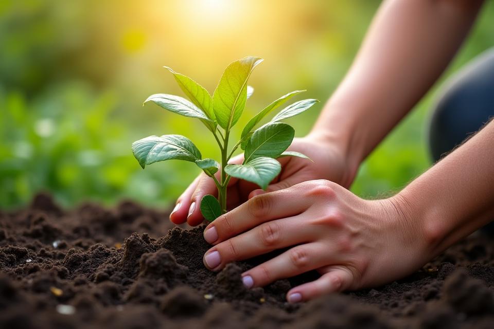 Manos de una persona plantando un pequeño árbol o sapling en la tierra, simbolizando reforestación y cuidado ambiental