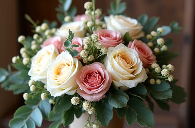 Arreglo floral personalizado en tonos cálidos con rosas y eucalipto