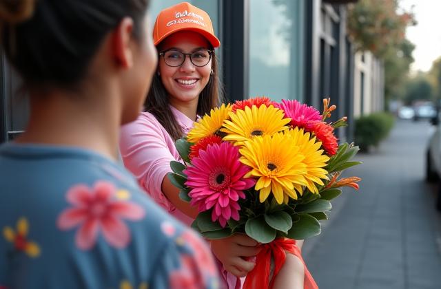 Servicio de entrega de flores con un repartidor sonriente y un ramo vibrante en Bogotá