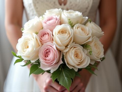 Bouquet de novia romántico con peonías y rosas blancas