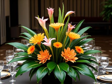 Centro de mesa vibrante con flores tropicales para un evento corporativo