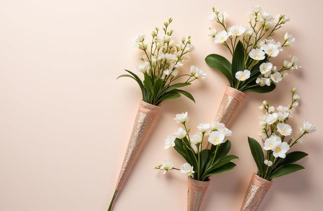 Colección de pequeños arreglos florales elegantes para eventos corporativos, con branding sutil