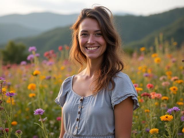 Fundadora de Arborea Flores sonriendo en un campo de flores silvestres, rodeada de la biodiversidad colombiana.
